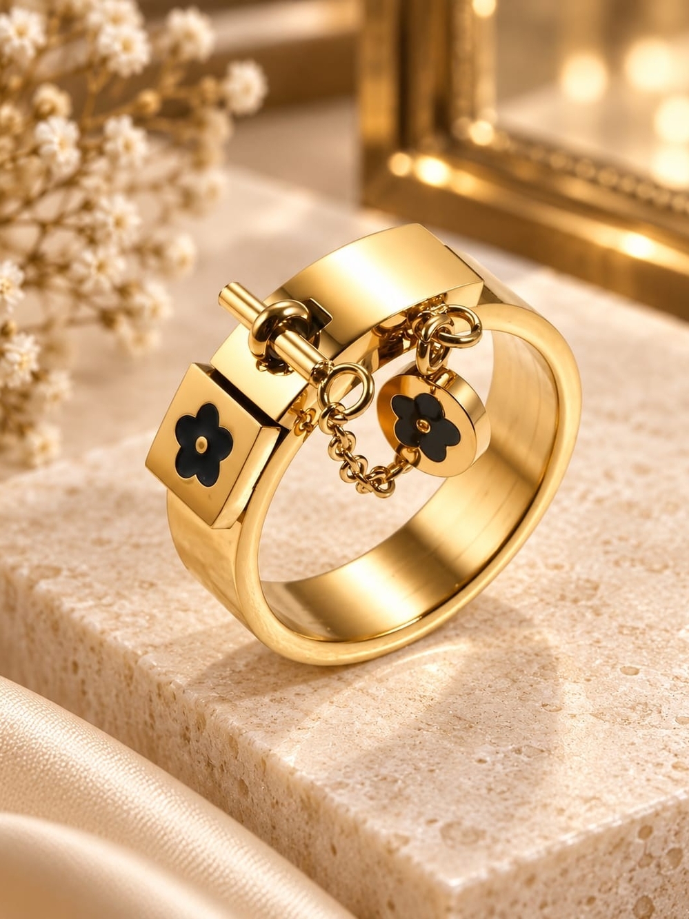Gold Floral Lock Bracelet and Ring Set - Women Jewelry - Picture 3 of 5